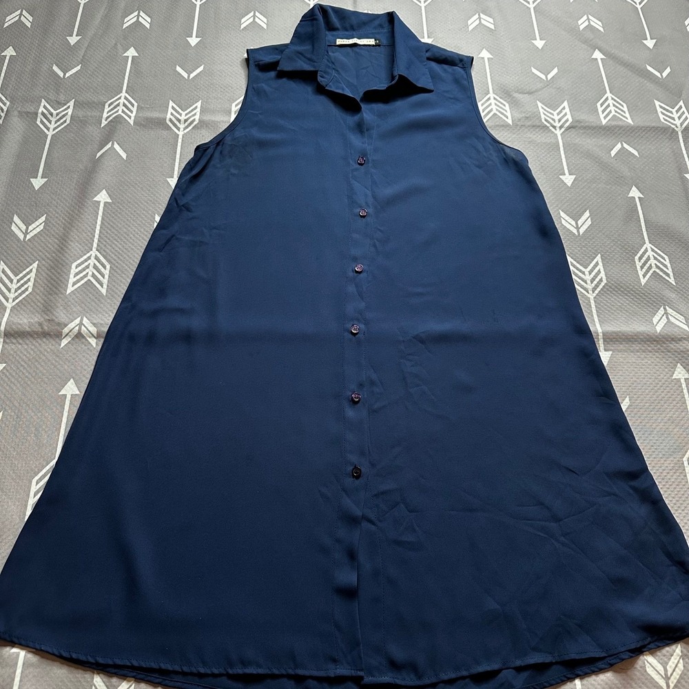 THREE EIGHTY TWO NAVY SLEEVELESS COLLARED BUTTON UP SHIRT DRESS TUNIC XS SHEER